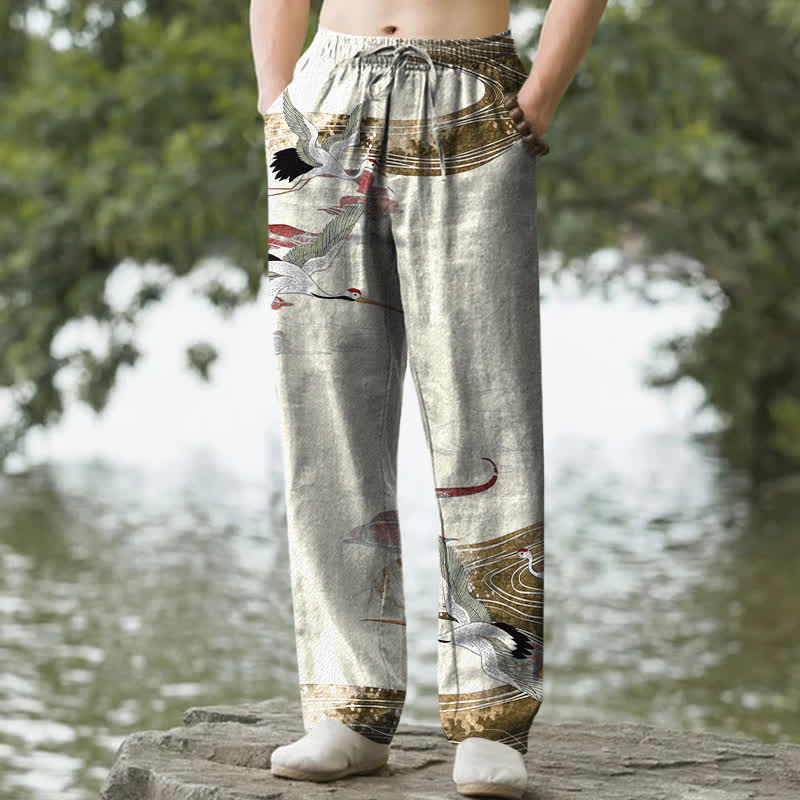 Nimara Ritual Cotton White Crane Wave Pattern Men's Tapered Pants With Pockets
