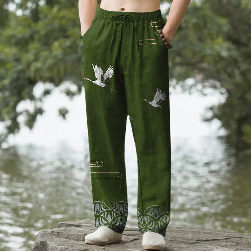 Nimara Ritual Cotton White Crane Wave Pattern Men's Tapered Pants With Pockets