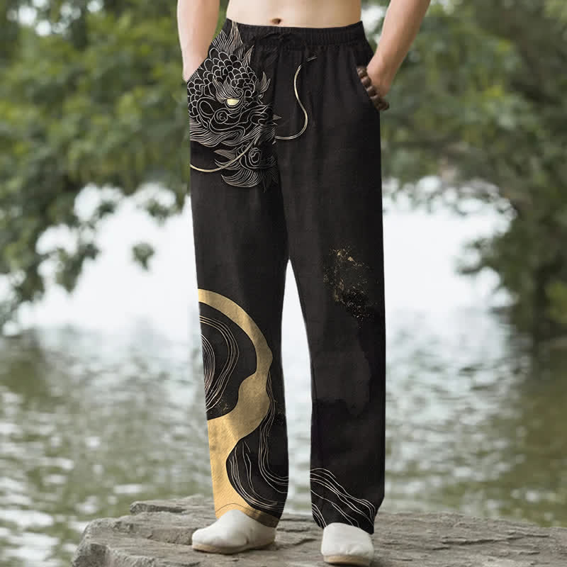 Nimara Ritual Cotton Golden Dragon Wave Pattern Men's Tapered Pants With Pockets