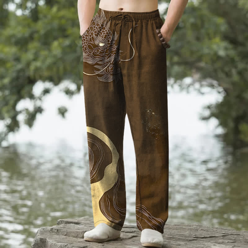 Nimara Ritual Cotton Golden Dragon Wave Pattern Men's Tapered Pants With Pockets