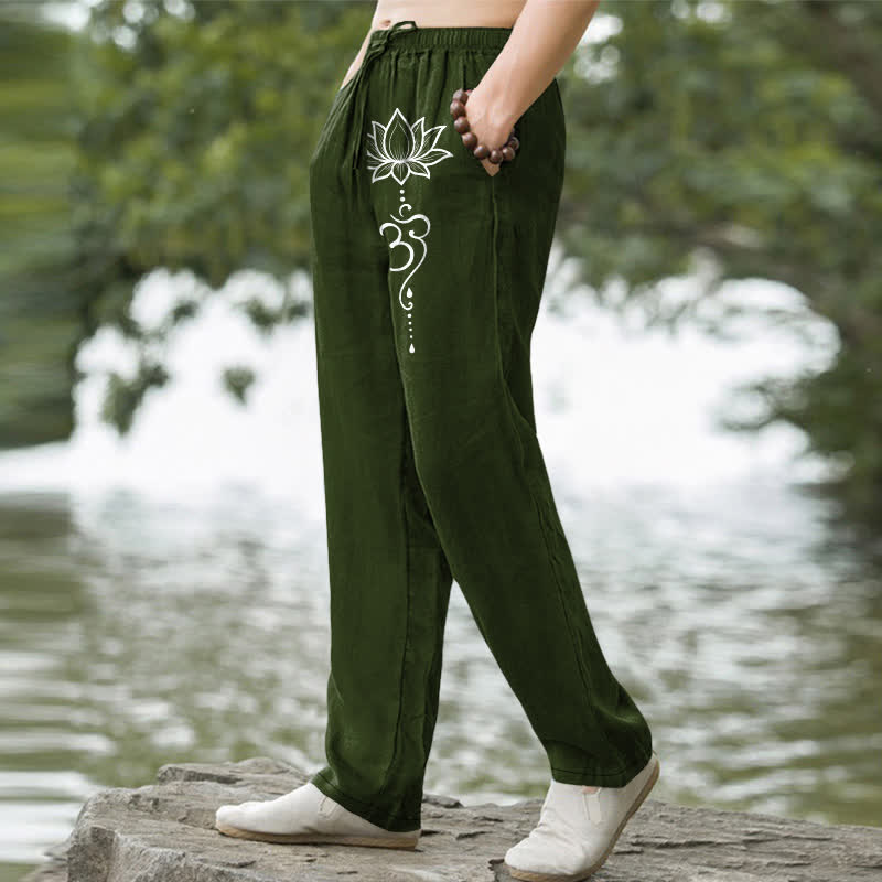 Nimara Ritual Cotton Lotus Om Pattern Men's Tapered Pants With Pockets