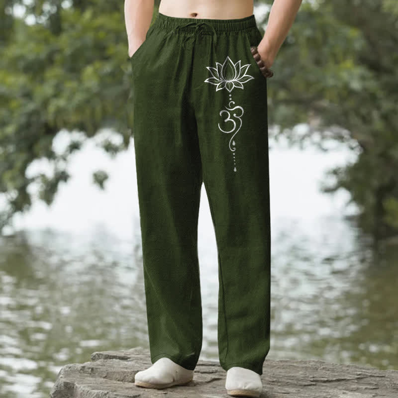 Nimara Ritual Cotton Lotus Om Pattern Men's Tapered Pants With Pockets