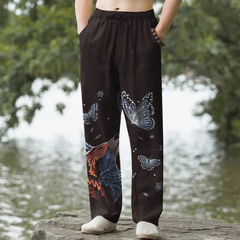 Nimara Ritual Cotton Butterfly Fox Pattern Men's Tapered Pants With Pockets