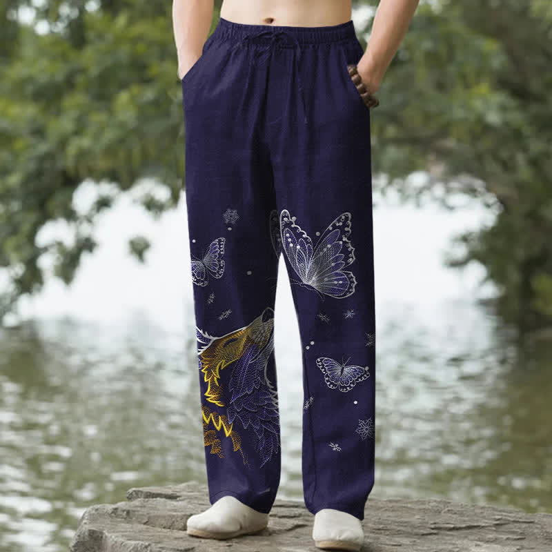 Nimara Ritual Cotton Butterfly Fox Pattern Men's Tapered Pants With Pockets