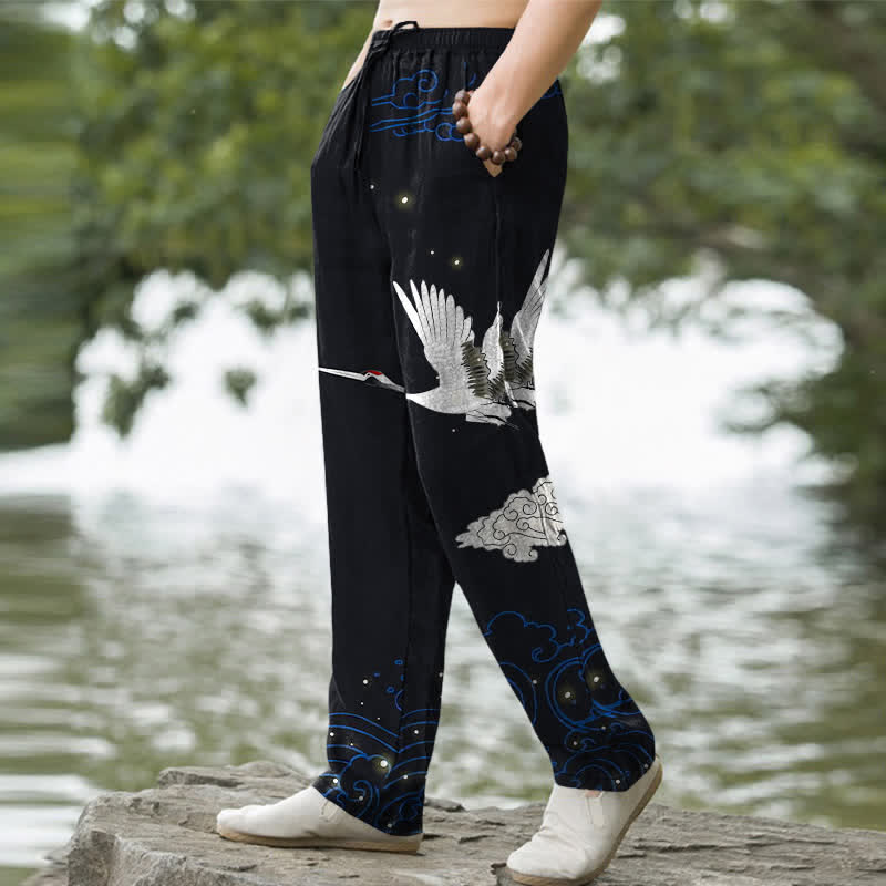Nimara Ritual Cotton Flying White Crane White Wave Pattern Men's Tapered Pants With Pockets