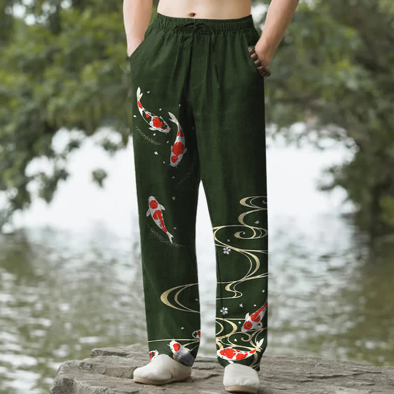 Nimara Ritual Cotton Red White Koi Fish Water Ripple Pattern Men's Tapered Pants With Pockets