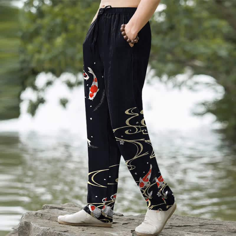 Nimara Ritual Cotton Red White Koi Fish Water Ripple Pattern Men's Tapered Pants With Pockets