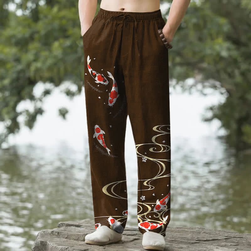 Nimara Ritual Cotton Red White Koi Fish Water Ripple Pattern Men's Tapered Pants With Pockets