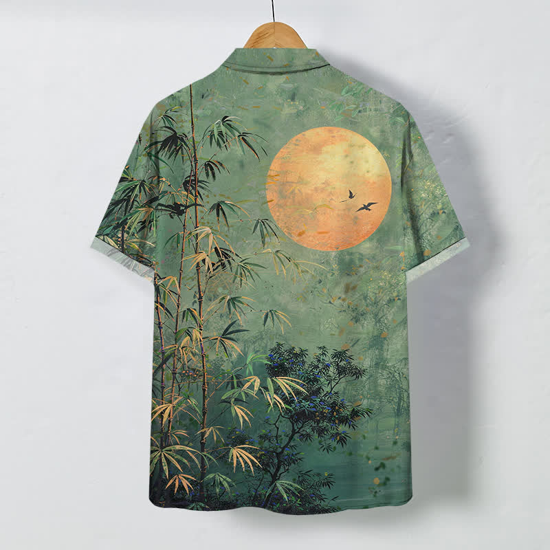 Nimara Ritual Bamboo Moon Birds Pattern Buttons Breathable Men's Short Sleeve Shirt