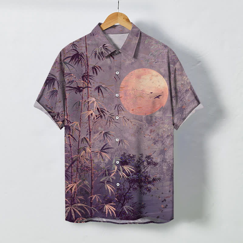 Nimara Ritual Bamboo Moon Birds Pattern Buttons Breathable Men's Short Sleeve Shirt