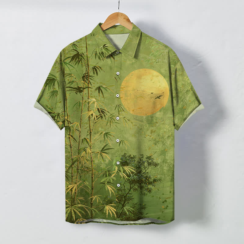 Nimara Ritual Bamboo Moon Birds Pattern Buttons Breathable Men's Short Sleeve Shirt