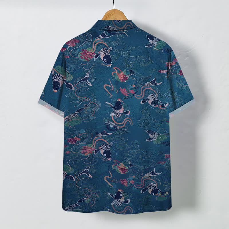 Nimara Ritual Koi Fish Wave Clouds Pattern Buttons Breathable Men's Short Sleeve Shirt