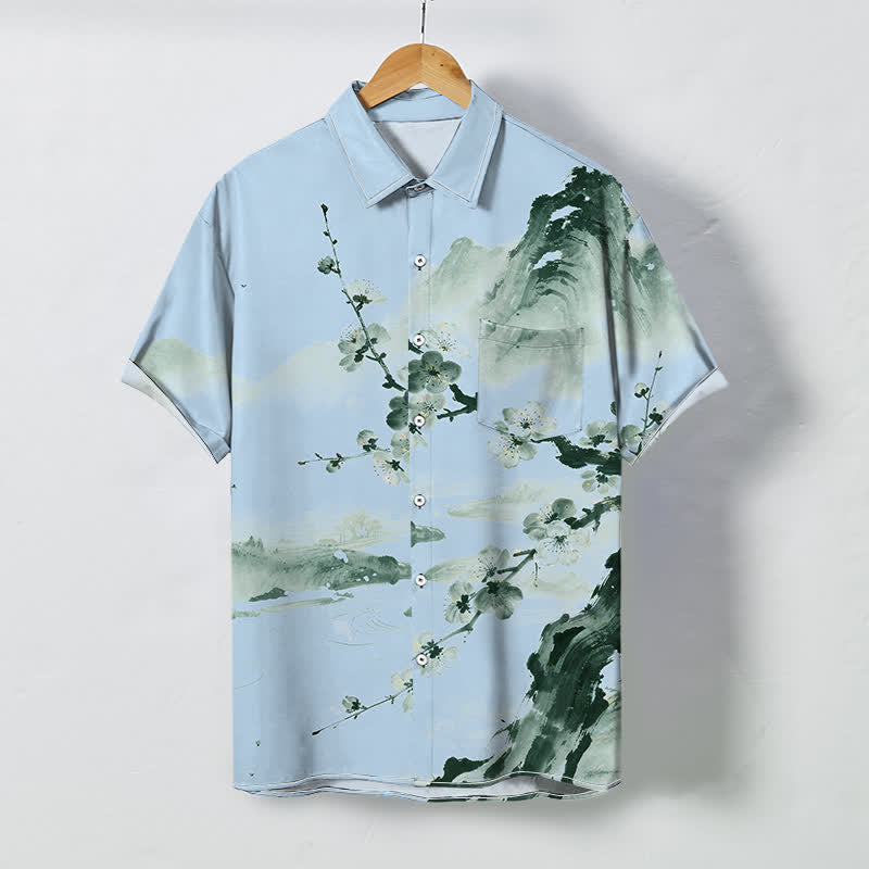 Nimara Ritual Ink Landscape Plum Blossom Pattern Buttons Wrinkle-resistant Men's Short Sleeve Shirt