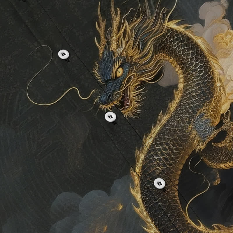 Nimara Ritual Golden Dragon Cloud Pattern Buttons Wrinkle-resistant Men's Short Sleeve Shirt