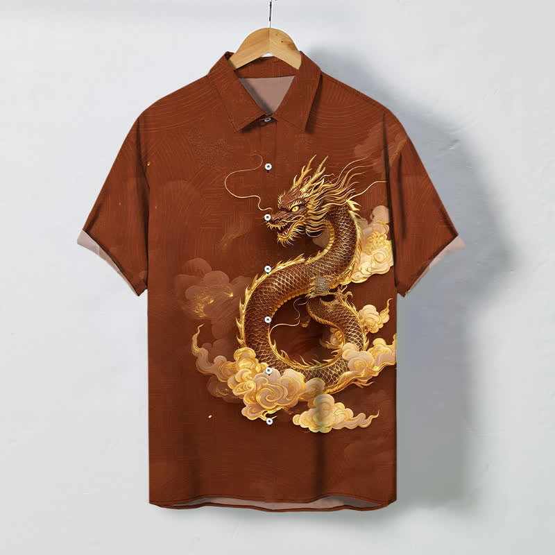 Nimara Ritual Golden Dragon Cloud Pattern Buttons Wrinkle-resistant Men's Short Sleeve Shirt
