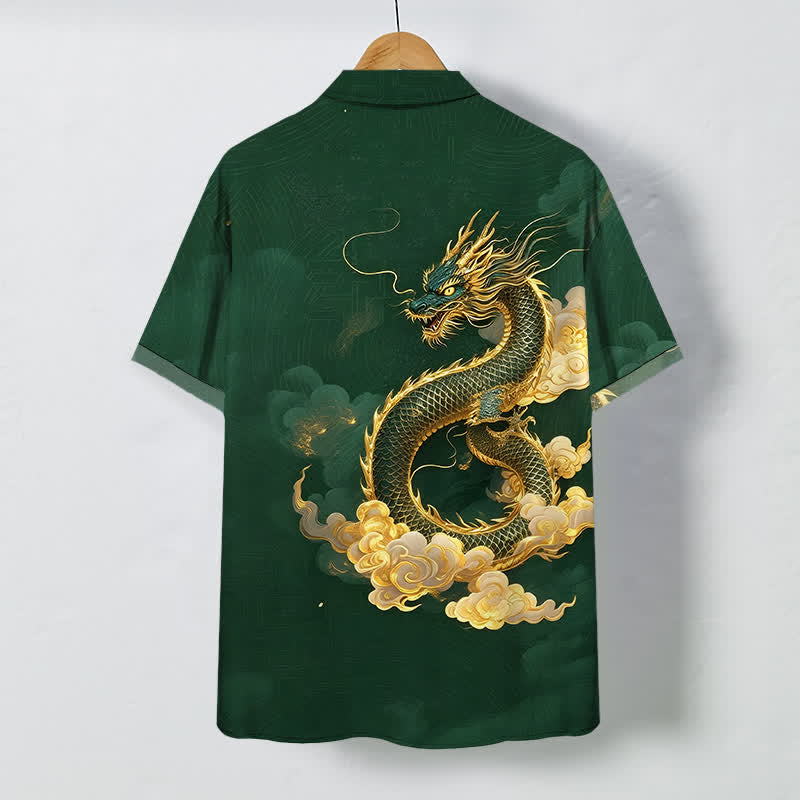 Nimara Ritual Golden Dragon Cloud Pattern Buttons Wrinkle-resistant Men's Short Sleeve Shirt