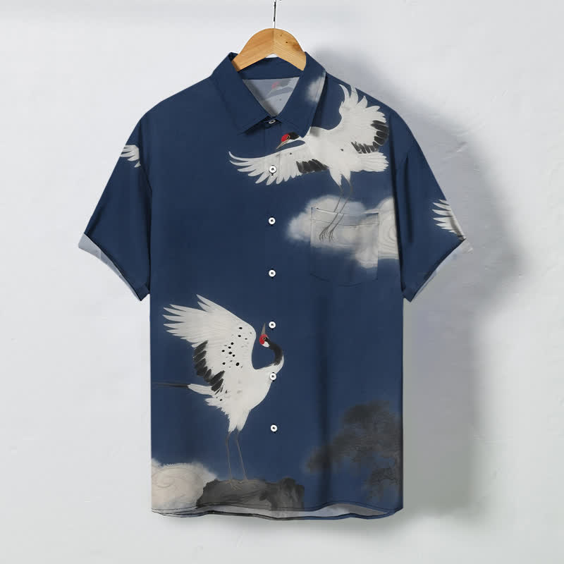Nimara Ritual Flying White Crane Cloud Pattern Buttons Wrinkle-resistant Men's Short Sleeve Shirt