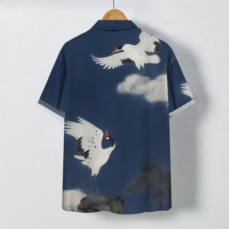 Nimara Ritual Flying White Crane Cloud Pattern Buttons Wrinkle-resistant Men's Short Sleeve Shirt
