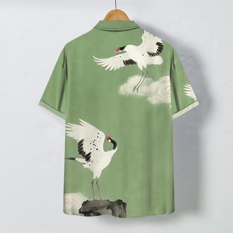 Nimara Ritual Flying White Crane Cloud Pattern Buttons Wrinkle-resistant Men's Short Sleeve Shirt