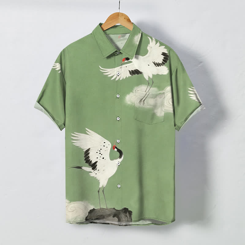 Nimara Ritual Flying White Crane Cloud Pattern Buttons Wrinkle-resistant Men's Short Sleeve Shirt