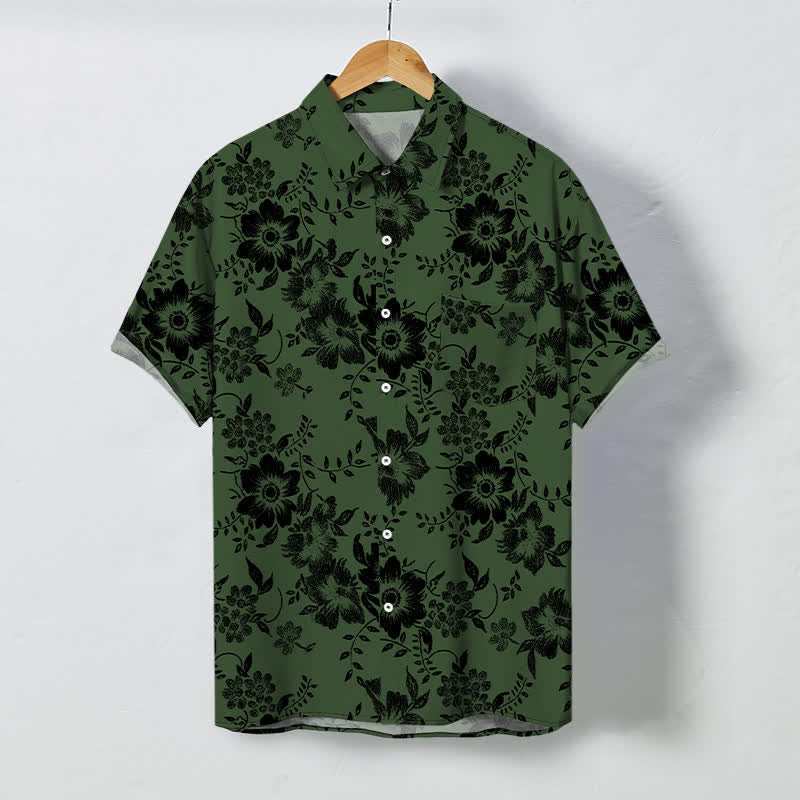 Nimara Ritual Black Floral Pattern Buttons Wrinkle-resistant Men's Short Sleeve Shirt