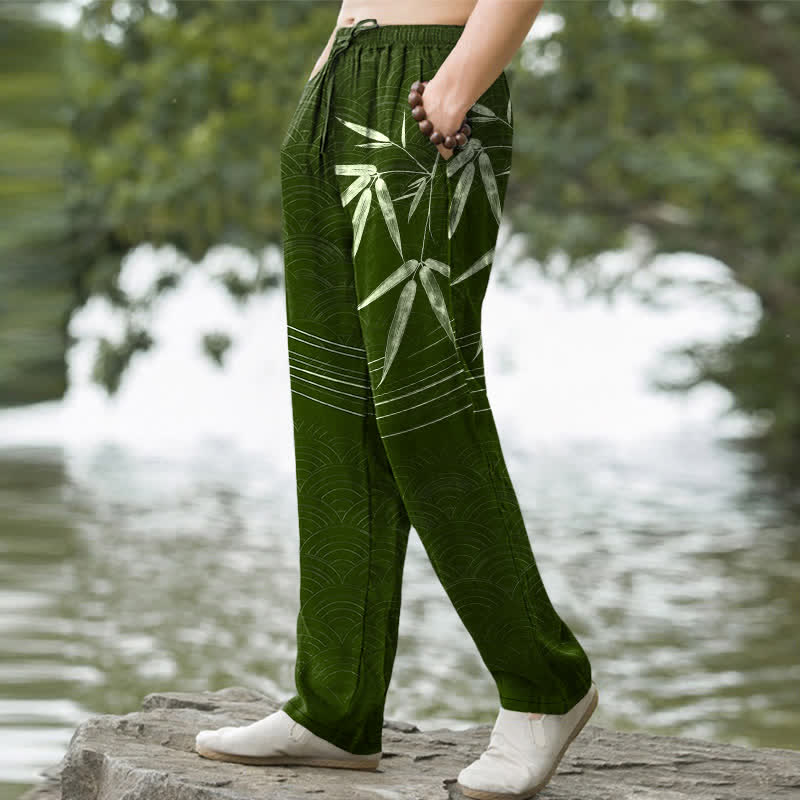 Nimara Ritual Cotton Bamboo Leaf Pattern Men's Tapered Pants With Pockets