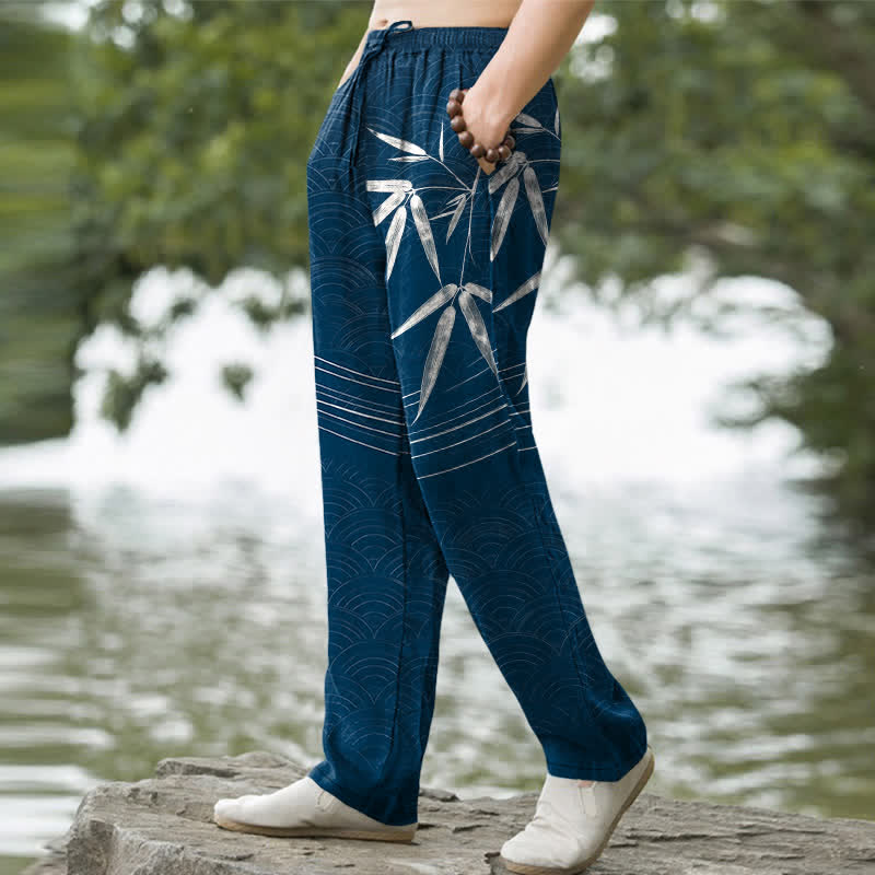 Nimara Ritual Cotton Bamboo Leaf Pattern Men's Tapered Pants With Pockets
