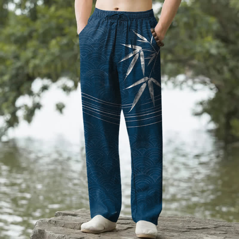 Nimara Ritual Cotton Bamboo Leaf Pattern Men's Tapered Pants With Pockets