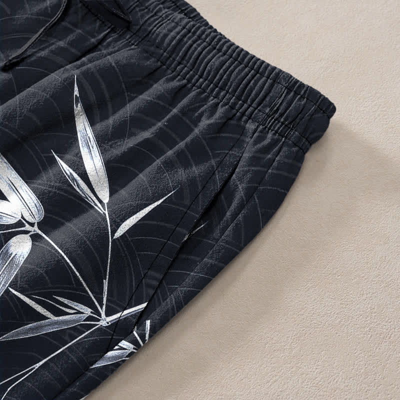 Nimara Ritual Cotton Bamboo Leaf Pattern Men's Tapered Pants With Pockets