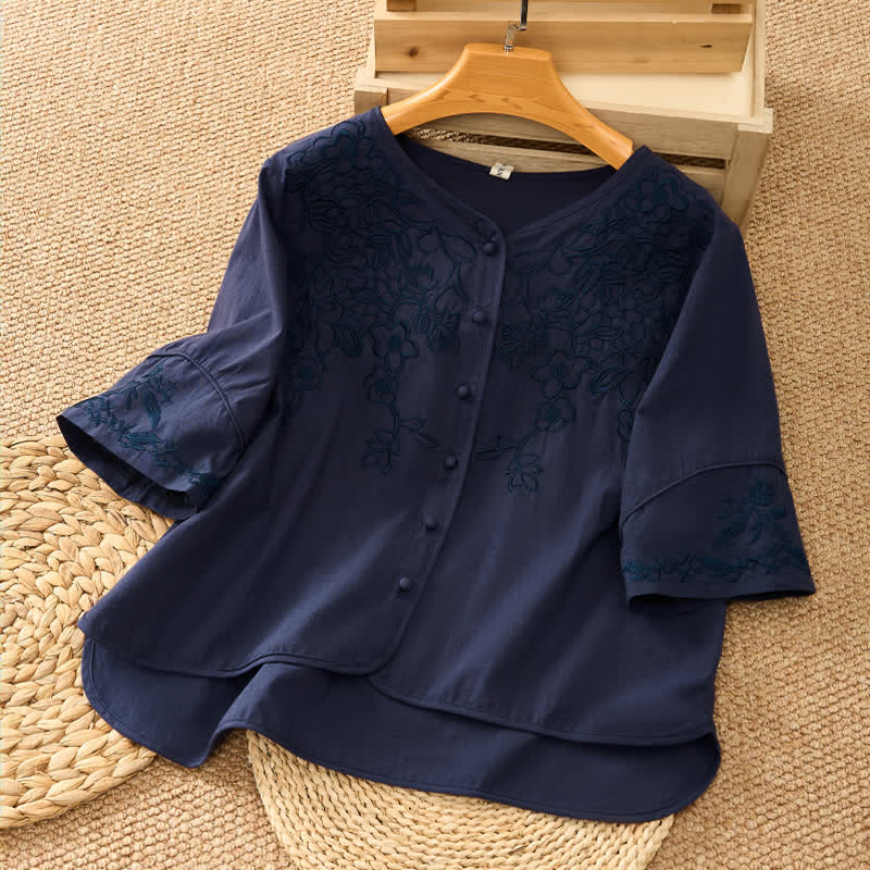 Nimara Ritual Summer Vintage Embroidery V-Neck Button-Up Floral Women's Elbow-Length Sleeve Shirts