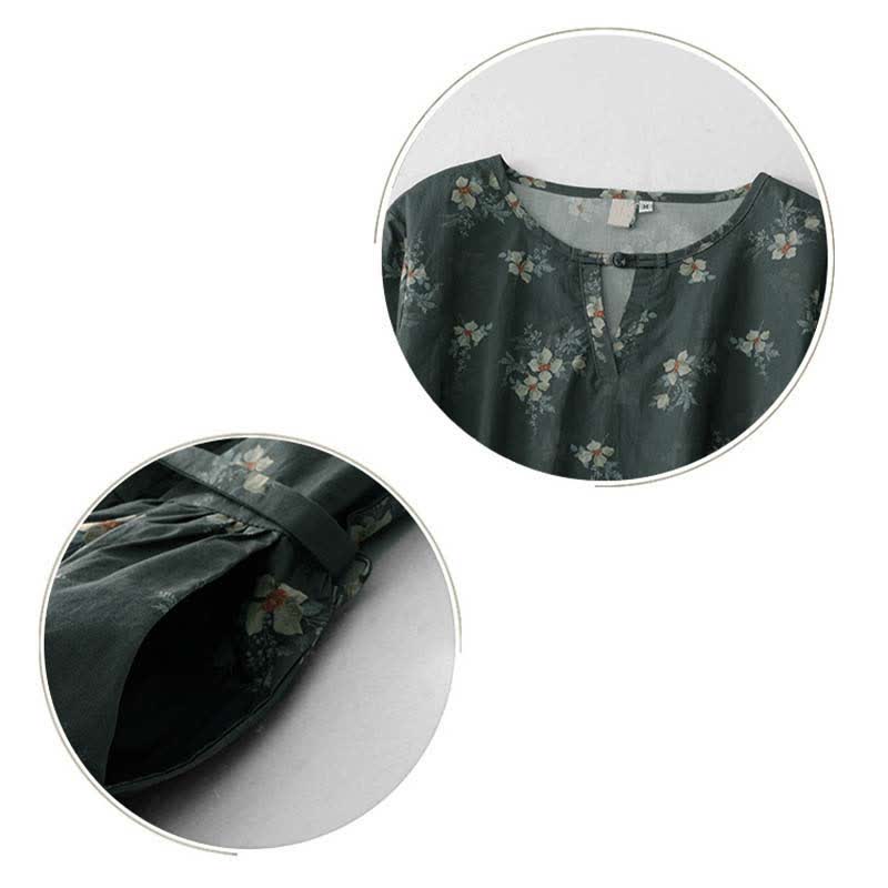 Nimara Ritual Summer Vintage Drawstring Gray Floral Women's Short Sleeve Dresses With Pocket