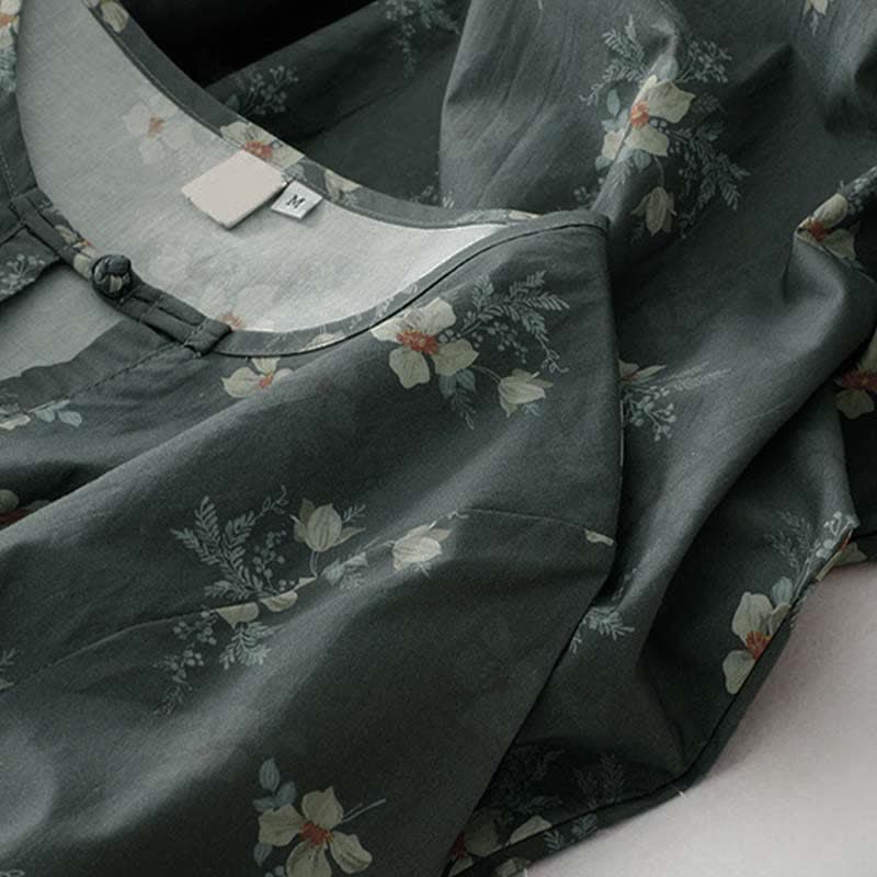 Nimara Ritual Summer Vintage Drawstring Gray Floral Women's Short Sleeve Dresses With Pocket
