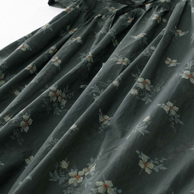 Nimara Ritual Summer Vintage Drawstring Gray Floral Women's Short Sleeve Dresses With Pocket