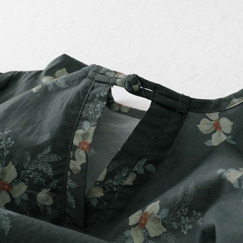 Nimara Ritual Summer Vintage Drawstring Gray Floral Women's Short Sleeve Dresses With Pocket