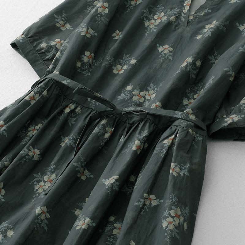 Nimara Ritual Summer Vintage Drawstring Gray Floral Women's Short Sleeve Dresses With Pocket