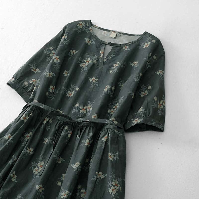 Nimara Ritual Summer Vintage Drawstring Gray Floral Women's Short Sleeve Dresses With Pocket