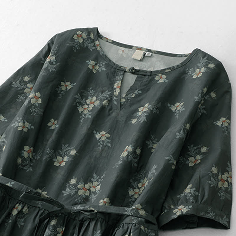 Nimara Ritual Summer Vintage Drawstring Gray Floral Women's Short Sleeve Dresses With Pocket