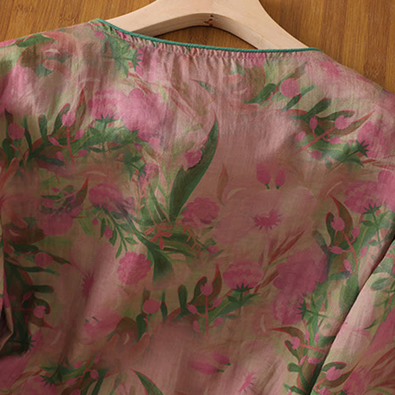 Nimara Ritual Summer Tang Style Mandarin Collar Frog Button Floral Women's Three-Quarter Sleeve Shirts