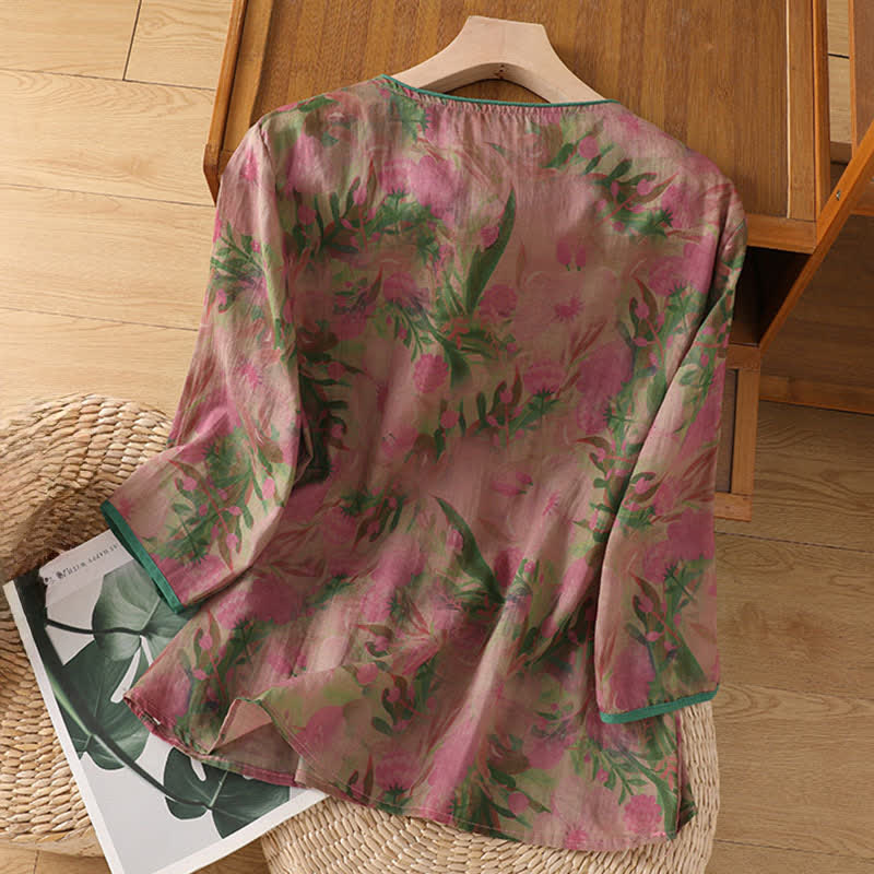 Nimara Ritual Summer Tang Style Mandarin Collar Frog Button Floral Women's Three-Quarter Sleeve Shirts