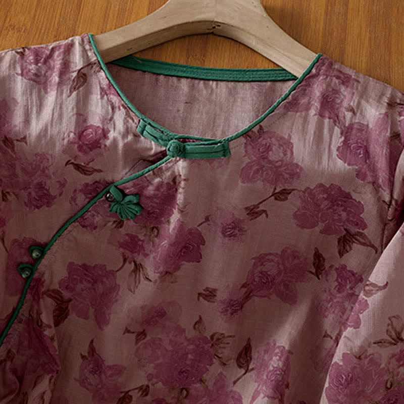 Nimara Ritual Summer Tang Style Mandarin Collar Frog Button Floral Women's Three-Quarter Sleeve Shirts