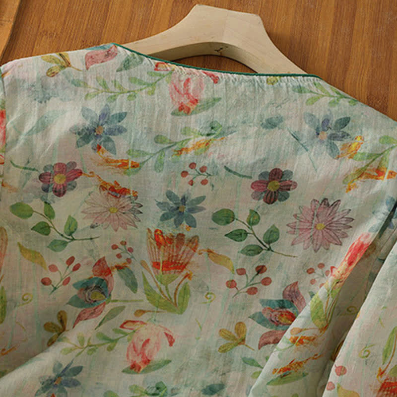 Nimara Ritual Summer Tang Style Mandarin Collar Frog Button Floral Women's Three-Quarter Sleeve Shirts