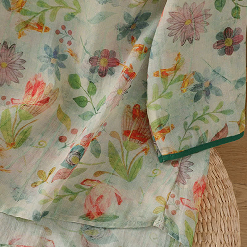 Nimara Ritual Summer Tang Style Mandarin Collar Frog Button Floral Women's Three-Quarter Sleeve Shirts