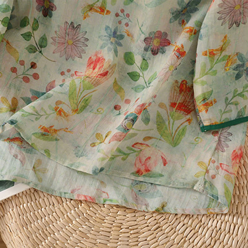 Nimara Ritual Summer Tang Style Mandarin Collar Frog Button Floral Women's Three-Quarter Sleeve Shirts