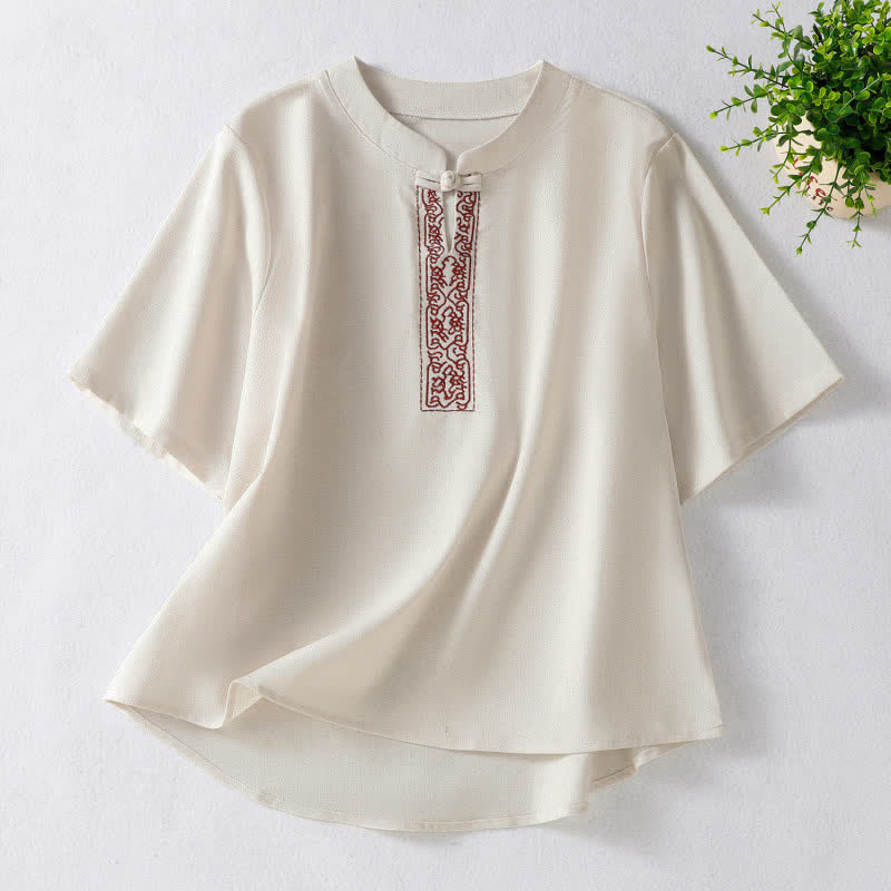 Nimara Ritual Summer Tang Style Frog Button Embroidery Vines Solid Women's Short Sleeve Shirts