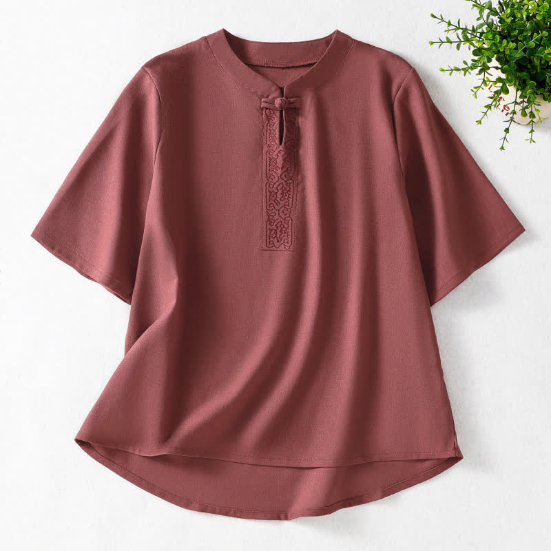 Nimara Ritual Summer Tang Style Frog Button Embroidery Vines Solid Women's Short Sleeve Shirts