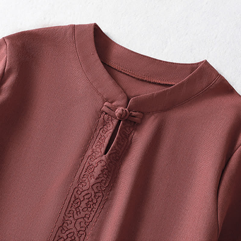 Nimara Ritual Summer Tang Style Frog Button Embroidery Vines Solid Women's Short Sleeve Shirts