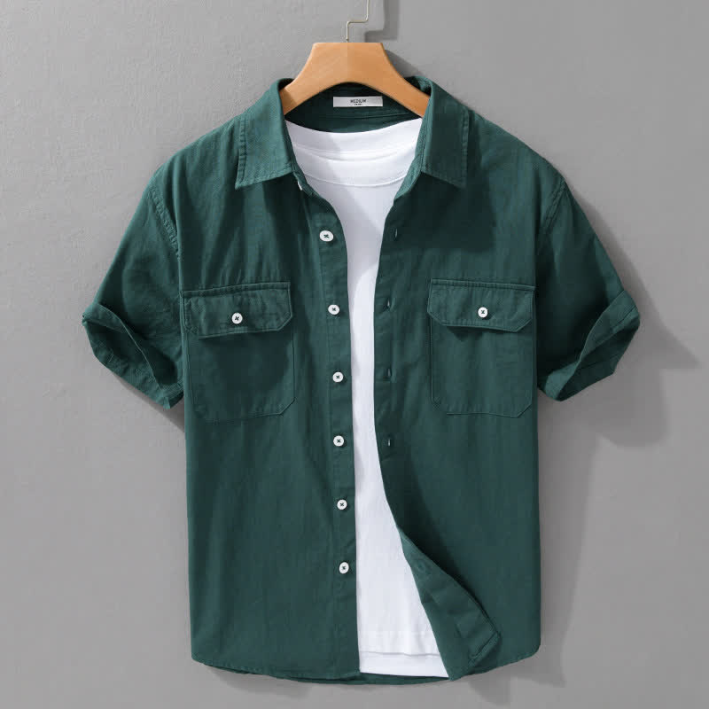 Nimara Ritual Summer Casual Classic Button-Up Solid Cotton Men's Short Sleeve Shirts With Patch Pockets