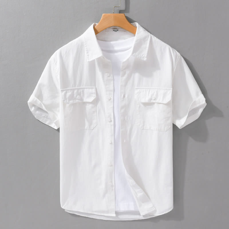 Nimara Ritual Summer Casual Classic Button-Up Solid Cotton Men's Short Sleeve Shirts With Patch Pockets
