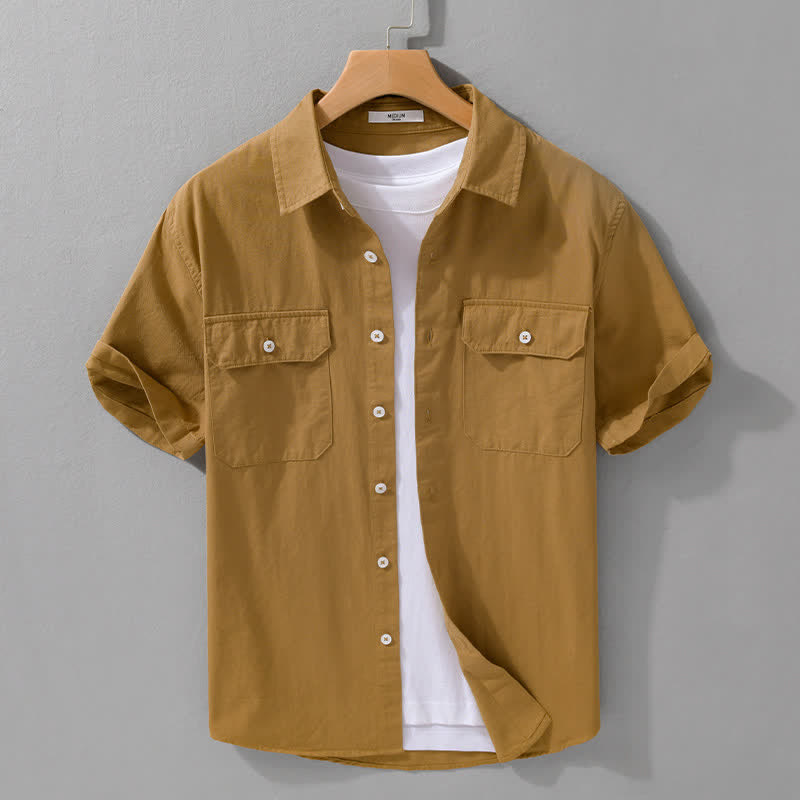 Nimara Ritual Summer Casual Classic Button-Up Solid Cotton Men's Short Sleeve Shirts With Patch Pockets