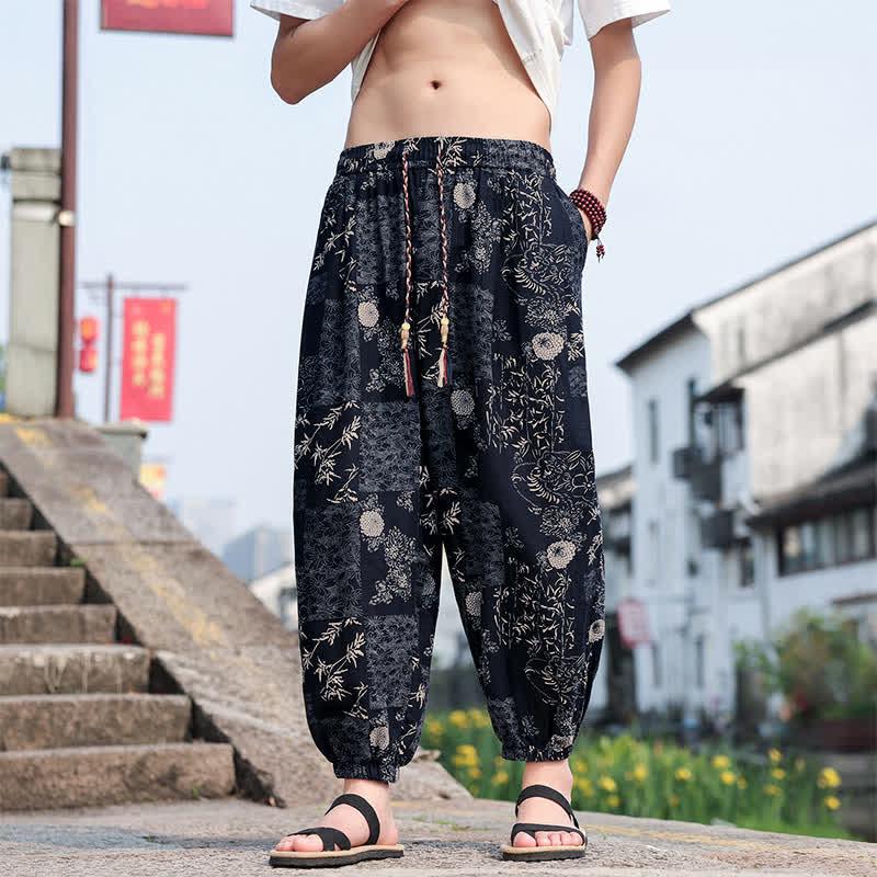 Nimara Ritual Summer Boho Casual Drawstring Elephant Tree Print Cropped Pants Men's Harem Pants With Pockets